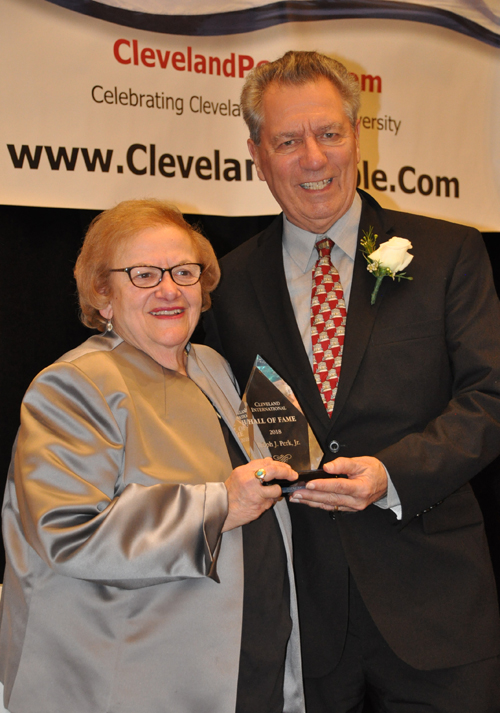 Congresswoman Mary Rose Oakar inducts Judge Ralph Perk Jr. into the Cleveland International Hall of Fame