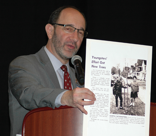 Councilman Anthony Brancatelli shows an old newspaper article that demonstrated Judge Pianka's neighborhood efforts even as a boy