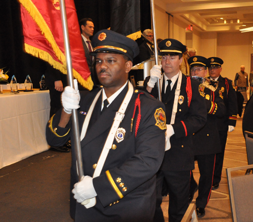 The Cleveland Firefighters Honor Guard posted the colors
 at the Cleveland International Hall of Fame induction ceremony