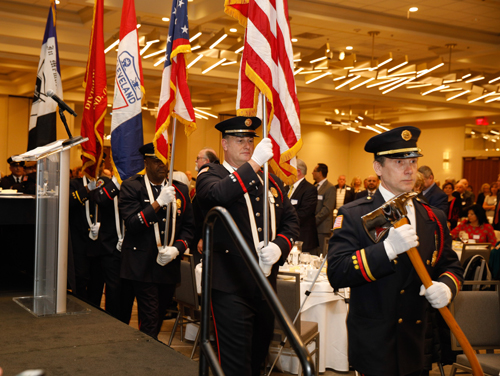 The Cleveland Firefighters Honor Guard posted the colors
 at the Cleveland International Hall of Fame induction ceremony