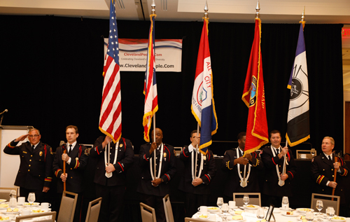 The Cleveland Firefighters Honor Guard posted the colors
 at the Cleveland International Hall of Fame induction ceremony